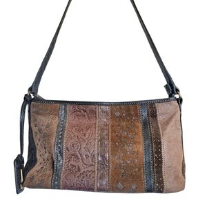 Vintage Fossil Chocolate Brown Boho Western Suede Tooled Leather Patchwork Purse